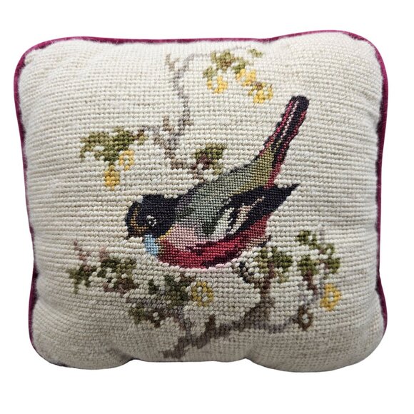 Vintage Needlepoint Petit Point Bird on Branch w/Leaves Throw Pillow 8" x 8" - Picture 1 of 12